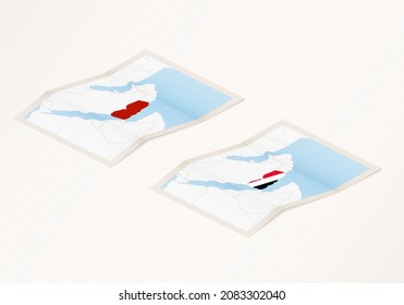 Two versions of a folded map of Yemen with the flag of the country of Yemen and with the red color highlighted. Set of isometric vector maps.