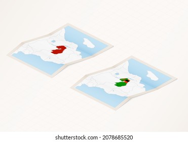 Dos versiones de un mapa doblado de Zambia con la bandera del país de Zambia y con el color rojo resaltado. Conjunto de mapas vectoriales isométricos.