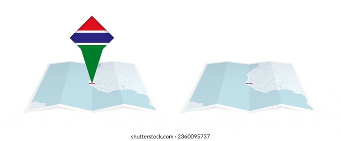 Zwei Versionen einer gefalteten Landkarte von Gambia, eine mit eingepolsterter Landesflagge und eine mit einer Flagge in der Kartenkontur. Vorlage für Print- und Online-Design. Vektorgrafik.
