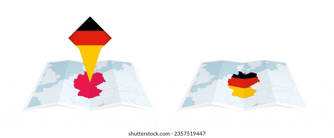 Zwei Versionen einer gefalteten Landkarte Deutschlands, eine mit eingeprägter Landesflagge und eine mit einer Flagge in der Kartenkontur. Vorlage für Print- und Online-Design. Vektorgrafik.