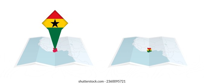 Two versions of an Ghana folded map, one with a pinned country flag and one with a flag in the map contour. Template for both print and online design. Vector illustration.