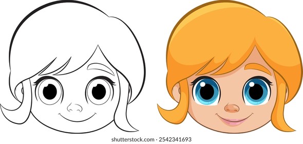 Two versions of a girl's face illustration