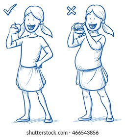 Two versions of happy young girl, a slim one eating an apple and a corpulent one eating a burger. Hand drawn cartoon doodle vector illustration.