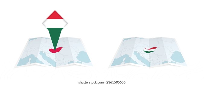 Dos versiones de un mapa doblado de Hungría, una con una bandera del país fijada y otra con una bandera en el contorno del mapa. Plantilla para diseño impreso y en línea. Ilustración vectorial.
