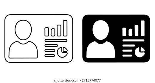 Duas versões de um cartão de identificação, uma com contorno e outra com preto sólido, apresentando uma silhueta do usuário e gráficos estatísticos.