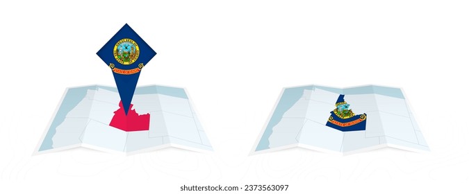 Two versions of an Idaho folded map, one with a pinned country flag and one with a flag in the map contour. Template for both print and online design. Vector illustration.