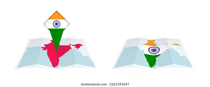 Two versions of an India folded map, one with a pinned country flag and one with a flag in the map contour. Template for both print and online design. Vector illustration.