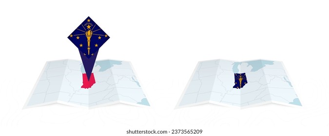 Two versions of an Indiana folded map, one with a pinned country flag and one with a flag in the map contour. Template for both print and online design. Vector illustration.
