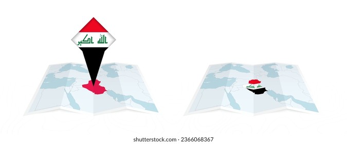 Two versions of an Iraq folded map, one with a pinned country flag and one with a flag in the map contour. Template for both print and online design. Vector illustration.