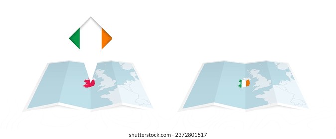 Zwei Versionen einer gefalteten irischen Landkarte, eine mit eingeprägter Landesflagge und eine mit einer Flagge in der Kartenkontur. Vorlage für Print- und Online-Design. Vektorgrafik.