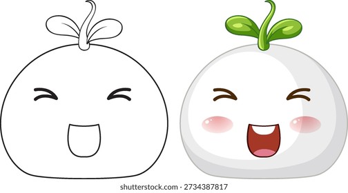 Dos versiones de un personaje de bollo blanco risueño con un brote verde sobre fondo blanco