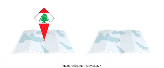 Two versions of an Lebanon folded map, one with a pinned country flag and one with a flag in the map contour. Template for both print and online design. Vector illustration.