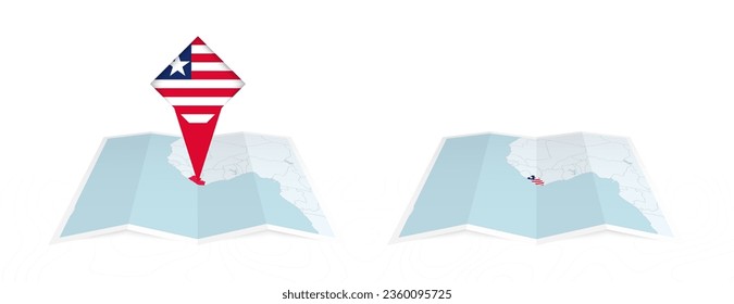 Two versions of an Liberia folded map, one with a pinned country flag and one with a flag in the map contour. Template for both print and online design. Vector illustration.