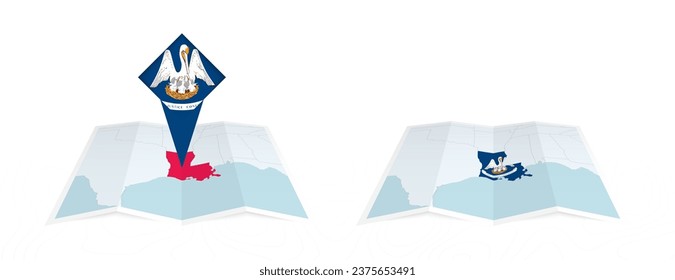 Two versions of an Louisiana folded map, one with a pinned country flag and one with a flag in the map contour. Template for both print and online design. Vector illustration.
