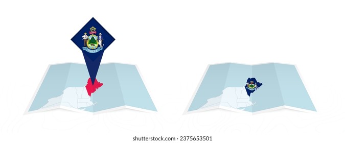 Two versions of an Maine folded map, one with a pinned country flag and one with a flag in the map contour. Template for both print and online design. Vector illustration.