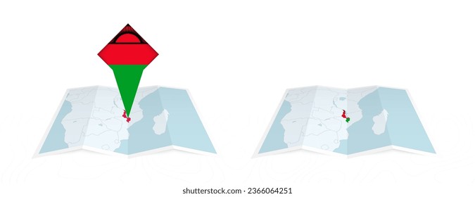 Two versions of an Malawi folded map, one with a pinned country flag and one with a flag in the map contour. Template for both print and online design. Vector illustration.