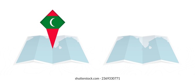 Two versions of an Maldives folded map, one with a pinned country flag and one with a flag in the map contour. Template for both print and online design. Vector illustration.