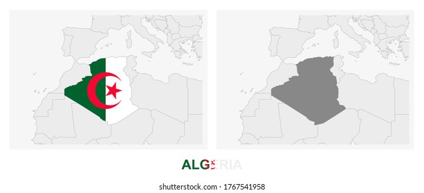Two versions of the map of Algeria, with the flag of Algeria and highlighted in dark grey. Vector map.
