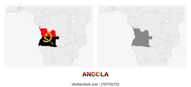 Zwei Versionen der Karte von Angola, mit der Flagge von Angola und hervorgehoben in dunkelgrau. Vektorplan.