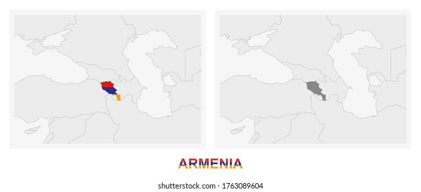 Two versions of the map of Armenia, with the flag of Armenia and highlighted in dark grey. Vector map.