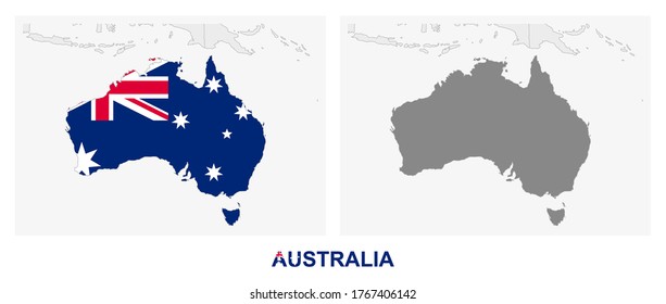Two versions of the map of Australia, with the flag of Australia and highlighted in dark grey. Vector map.