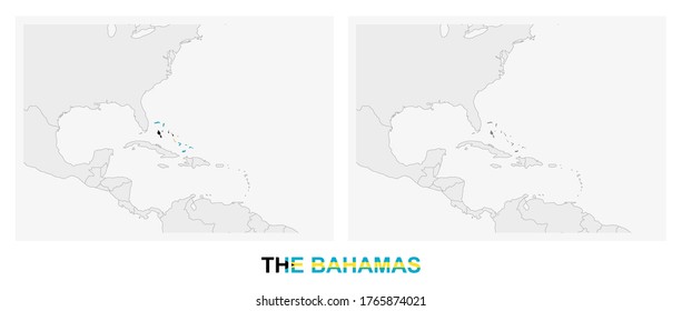 Two versions of the map of The Bahamas, with the flag of Bahamas and highlighted in dark grey. Vector map.