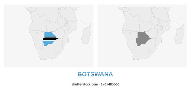 Two versions of the map of Botswana, with the flag of Botswana and highlighted in dark grey. Vector map.
