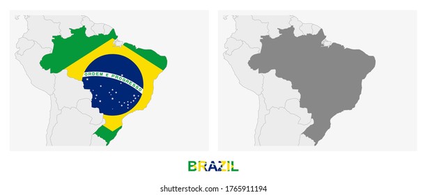 Two versions of the map of Brazil, with the flag of Brazil and highlighted in dark grey. Vector map.