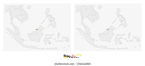 Two versions of the map of Brunei, with the flag of Brunei and highlighted in dark grey. Vector map.
