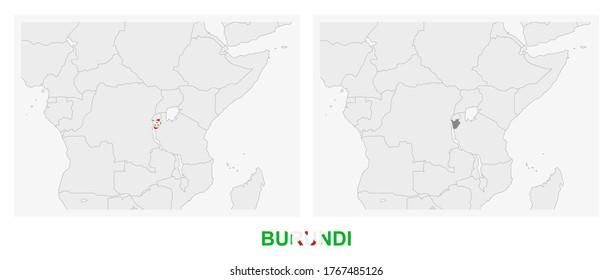Two versions of the map of Burundi, with the flag of Burundi and highlighted in dark grey. Vector map.