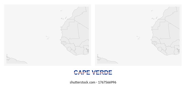 Two versions of the map of Cape Verde, with the flag of Cape Verde and highlighted in dark grey. Vector map.