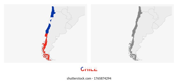 Two versions of the map of Chile, with the flag of Chile and highlighted in dark grey. Vector map.