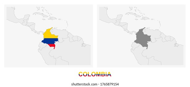 Two versions of the map of Colombia, with the flag of Colombia and highlighted in dark grey. Vector map.