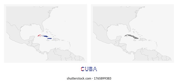 Two versions of the map of Cuba, with the flag of Cuba and highlighted in dark grey. Vector map.