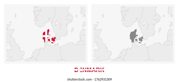 Two versions of the map of Denmark, with the flag of Denmark and highlighted in dark grey. Vector map.