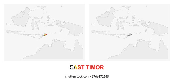 Two versions of the map of East Timor, with the flag of East Timor and highlighted in dark grey. Vector map.