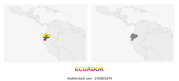 Two versions of the map of Ecuador, with the flag of Ecuador and highlighted in dark grey. Vector map.