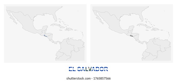 Two versions of the map of El Salvador, with the flag of El Salvador and highlighted in dark grey. Vector map.