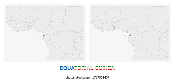 Two versions of the map of Equatorial Guinea, with the flag of Equatorial Guinea and highlighted in dark grey. Vector map.