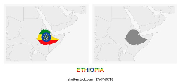 Two versions of the map of Ethiopia, with the flag of Ethiopia and highlighted in dark grey. Vector map.