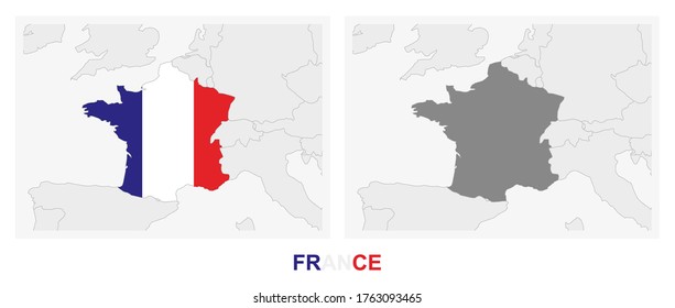Dos versiones del mapa de Francia, con la bandera de Francia y resaltado en gris oscuro. Mapa del vector