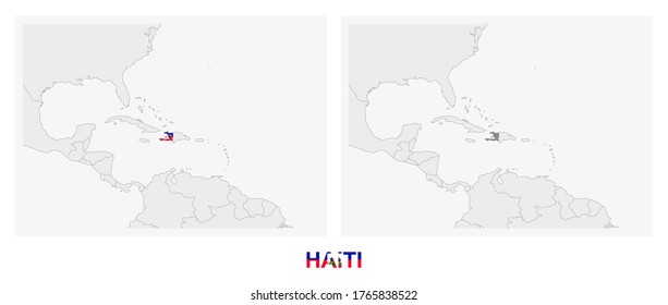 Two versions of the map of Haiti, with the flag of Haiti and highlighted in dark grey. Vector map.