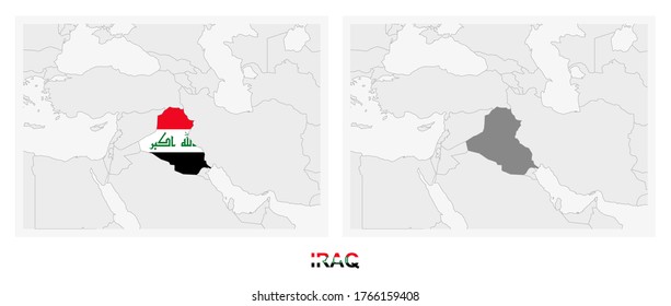 Two versions of the map of Iraq, with the flag of Iraq and highlighted in dark grey. Vector map.