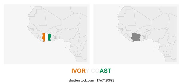Two versions of the map of Ivory Coast, with the flag of Ivory Coast and highlighted in dark grey. Vector map.
