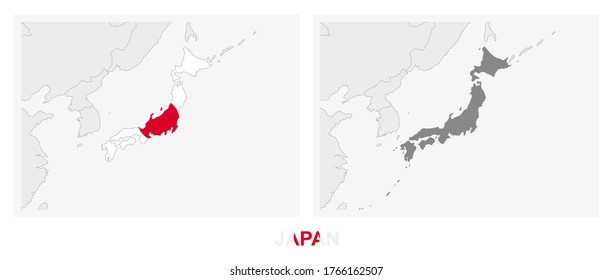 Two versions of the map of Japan, with the flag of Japan and highlighted in dark grey. Vector map.