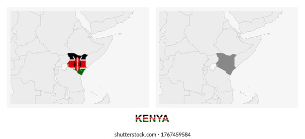 Two versions of the map of Kenya, with the flag of Kenya and highlighted in dark grey. Vector map.