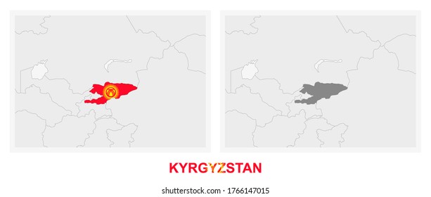 Two versions of the map of Kyrgyzstan, with the flag of Kyrgyzstan and highlighted in dark grey. Vector map.