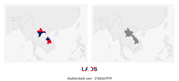 Two versions of the map of Laos, with the flag of Laos and highlighted in dark grey. Vector map.