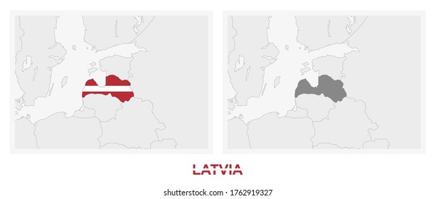 Two versions of the map of Latvia, with the flag of Latvia and highlighted in dark grey. Vector map.