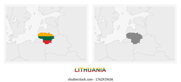Two versions of the map of Lithuania, with the flag of Lithuania and highlighted in dark grey. Vector map.